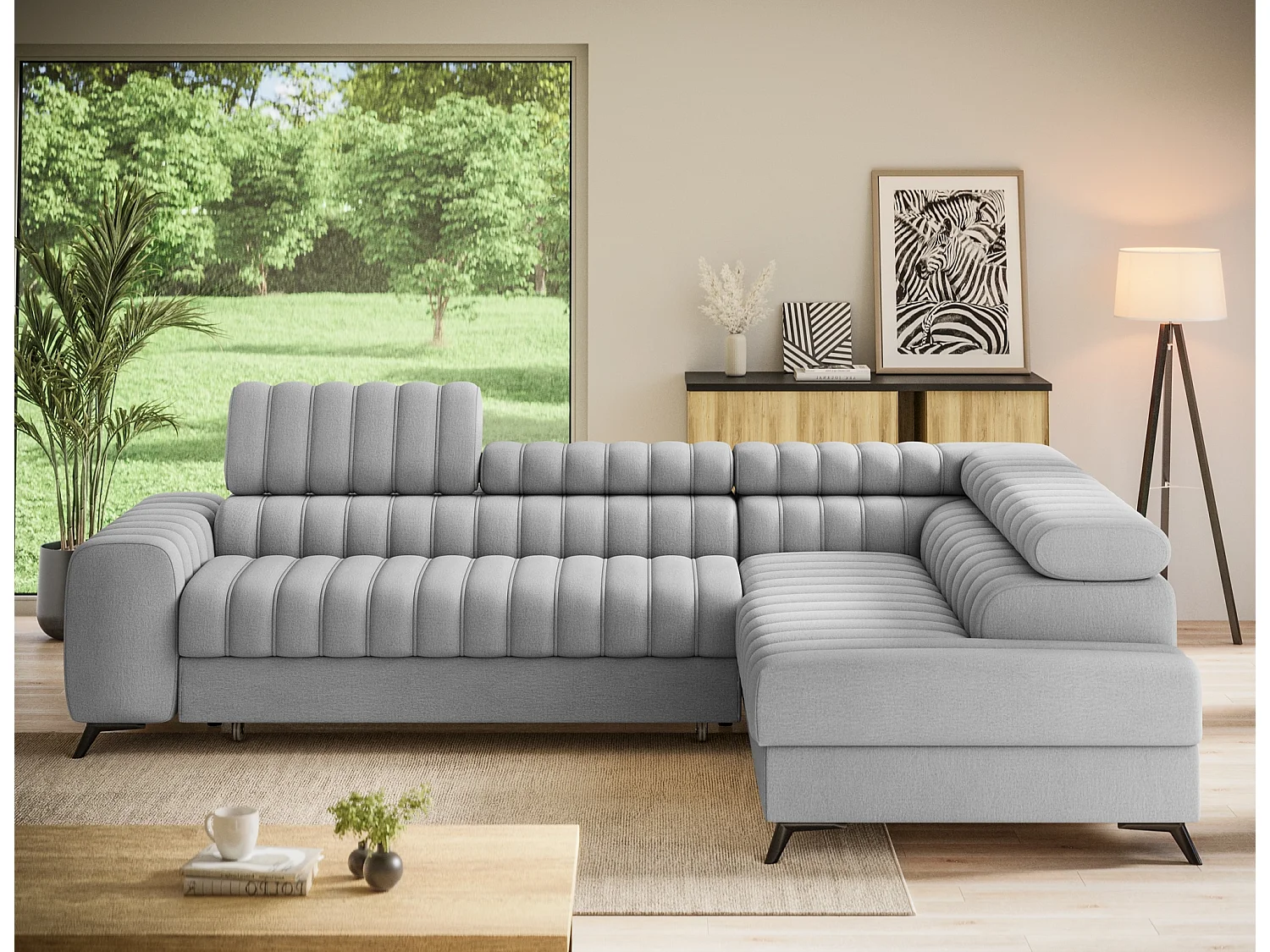 Canapé d’angle convertible KANDO en tissu texturé – 269cm-Gris clair-angle droit