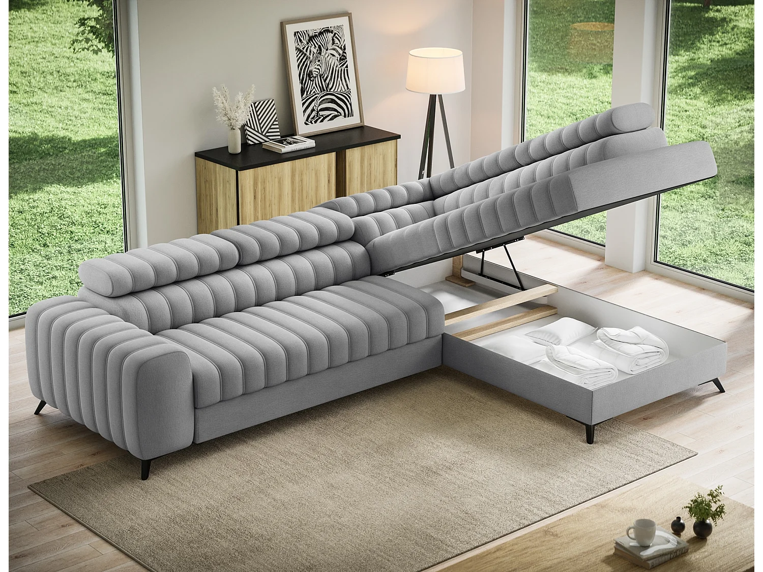 Canapé d’angle convertible KANDO en tissu texturé – 269cm-Gris clair-angle droit