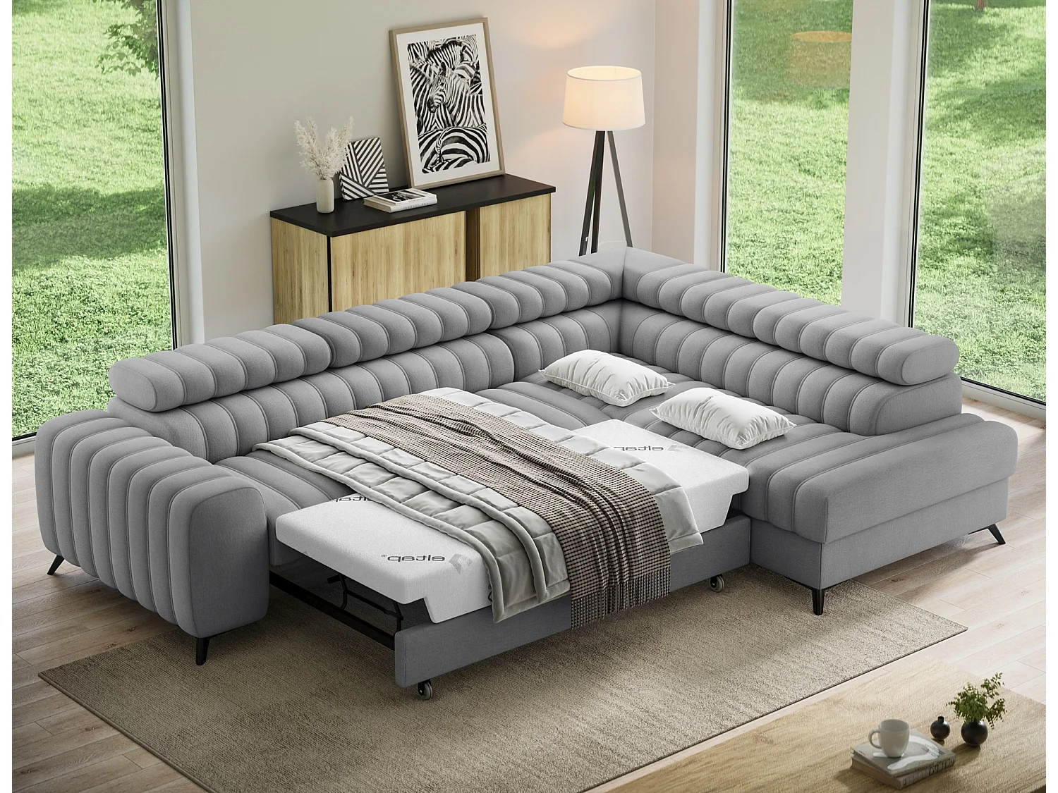Canapé d’angle convertible KANDO en tissu texturé – 269cm-Gris clair-angle droit