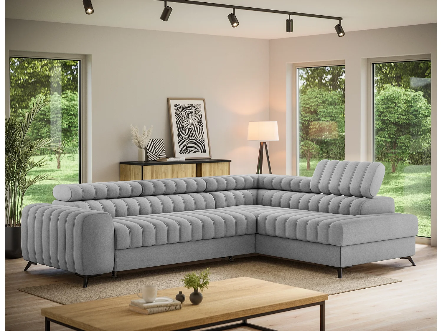 Canapé d’angle convertible KANDO en tissu texturé – 269cm-Gris clair-angle droit