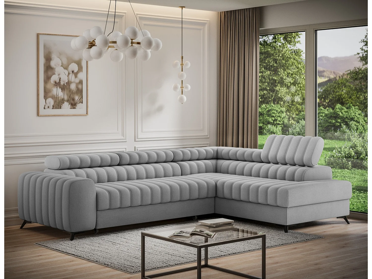Canapé d’angle convertible KANDO en tissu texturé – 269cm-Gris clair-angle droit