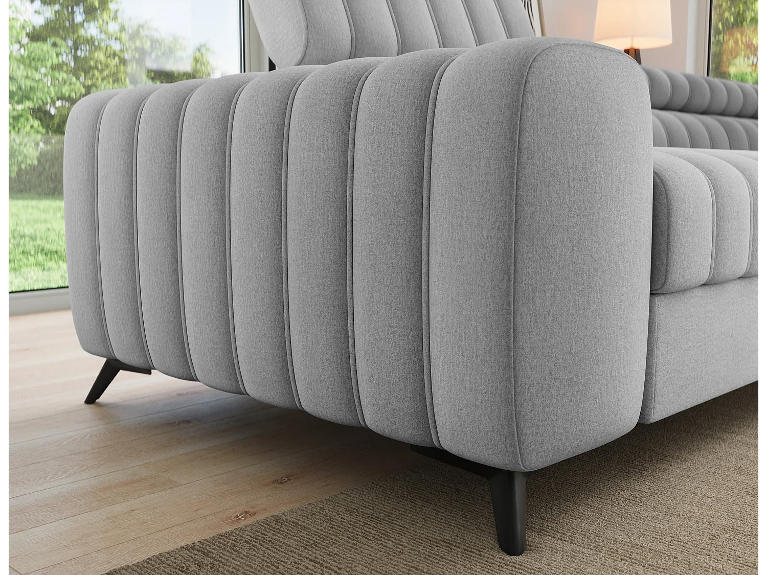 Canapé d’angle convertible KANDO en tissu texturé – 269cm-Gris clair-angle droit