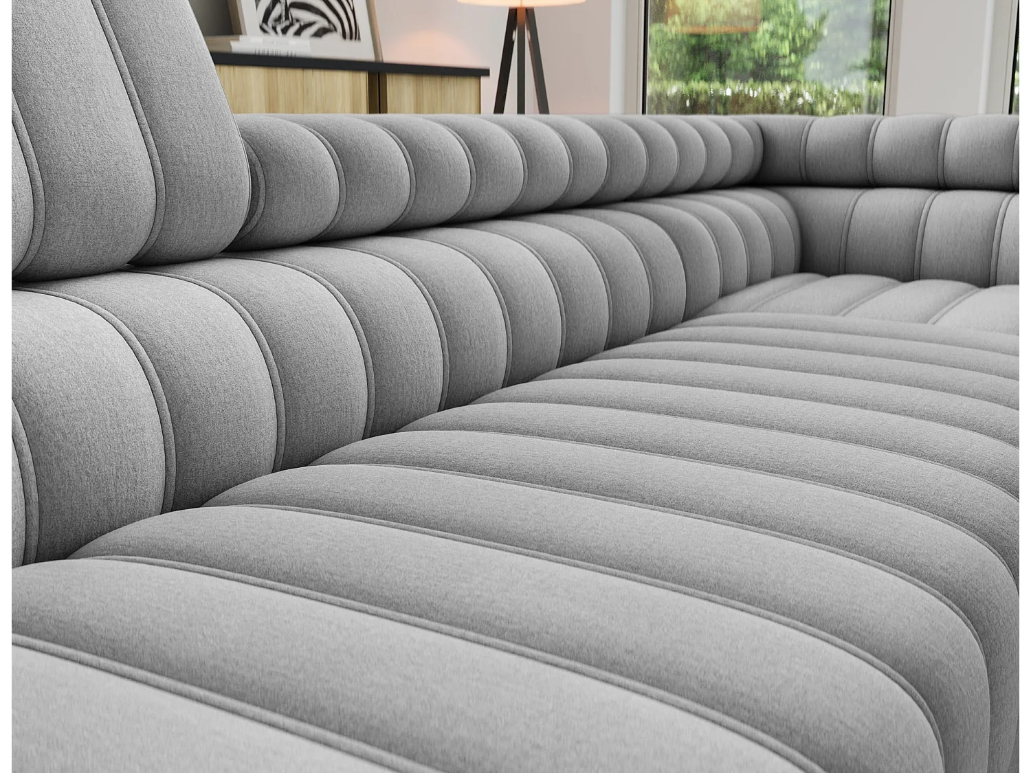 Canapé d’angle convertible KANDO en tissu texturé – 269cm-Gris clair-angle droit