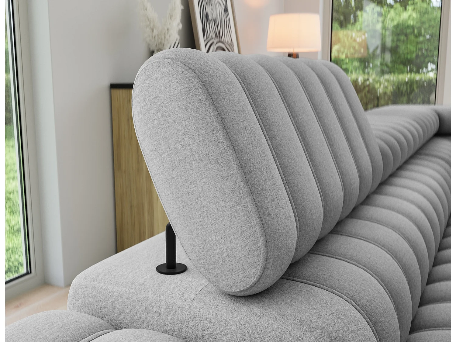 Canapé d’angle convertible KANDO en tissu texturé – 269cm-Gris clair-angle droit