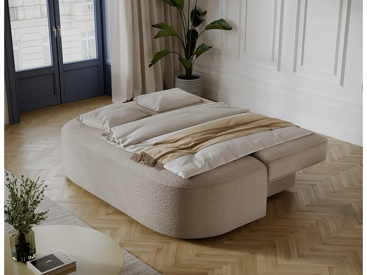 Canapé convertible 2 places KOURA tissu doux avec coffre – 193cm-Beige