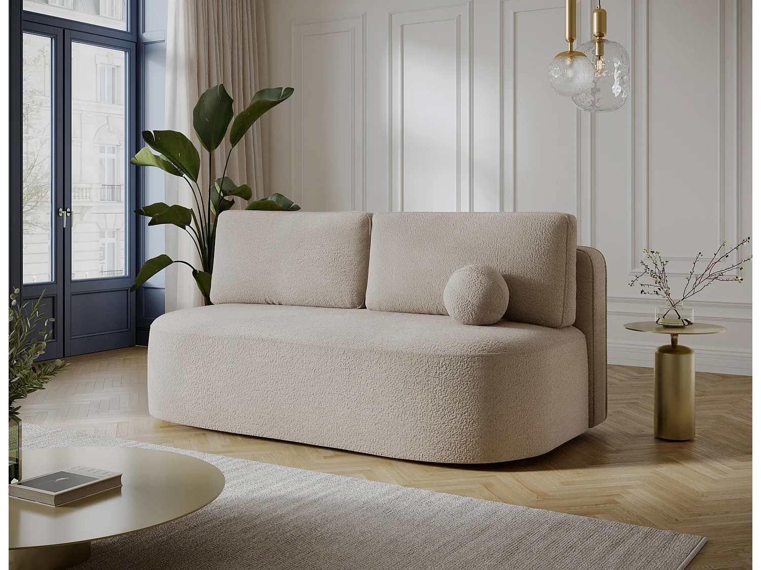 Canapé convertible 2 places KOURA tissu doux avec coffre – 193cm-Beige