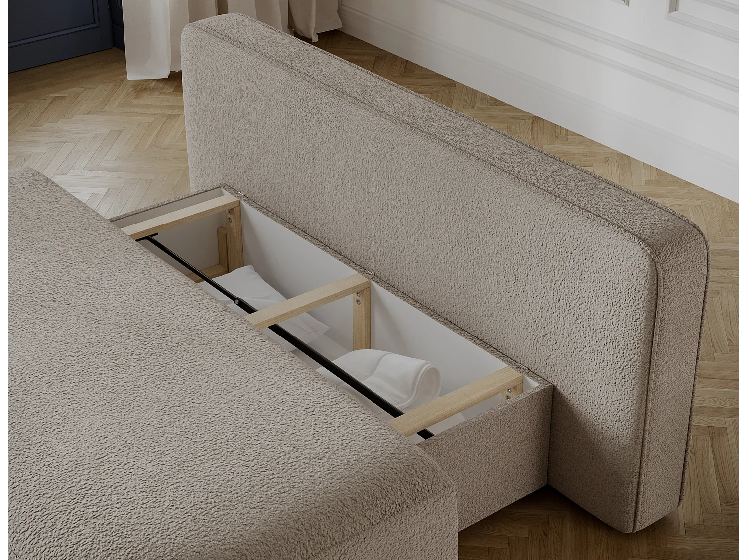 Canapé convertible 2 places KOURA tissu doux avec coffre – 193cm-Beige