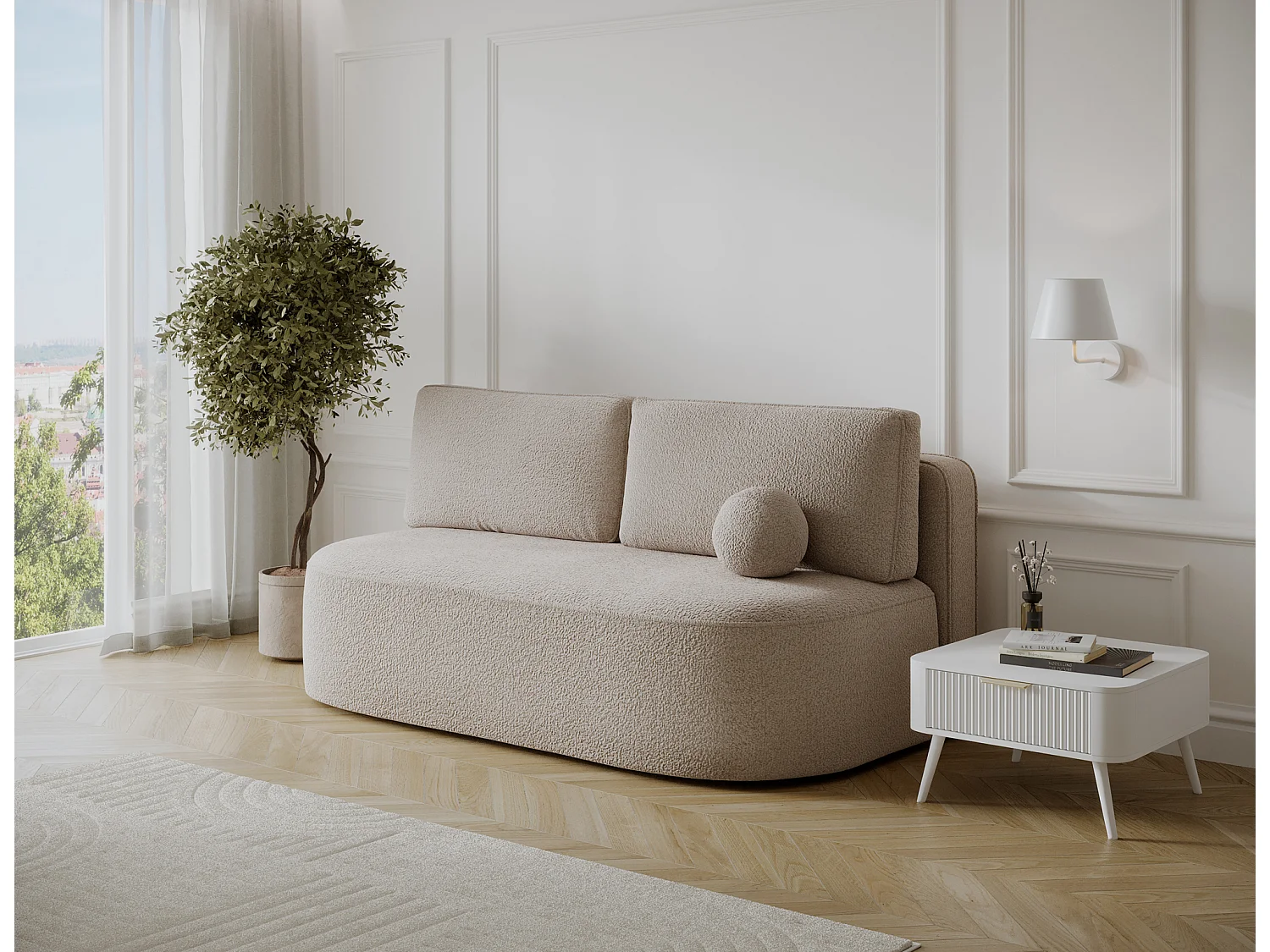 Canapé convertible 2 places KOURA tissu doux avec coffre – 193cm-Beige
