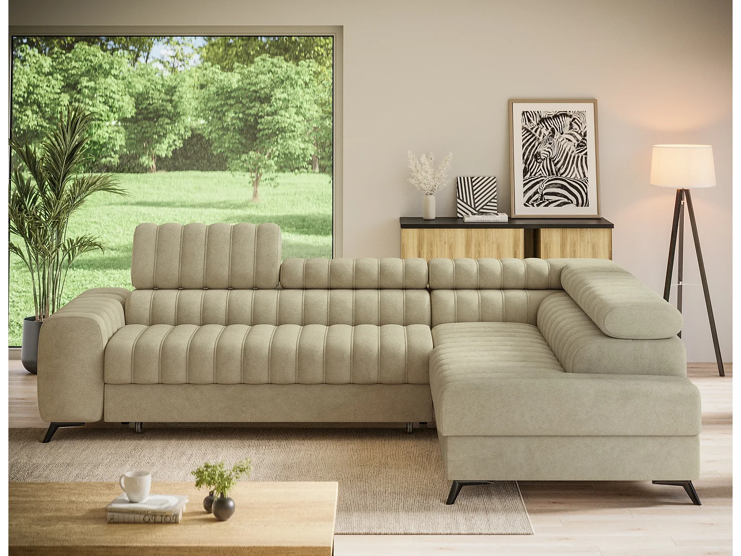 Canapé d’angle convertible KANDO en tissu texturé – 269cm-Beige-angle droit
