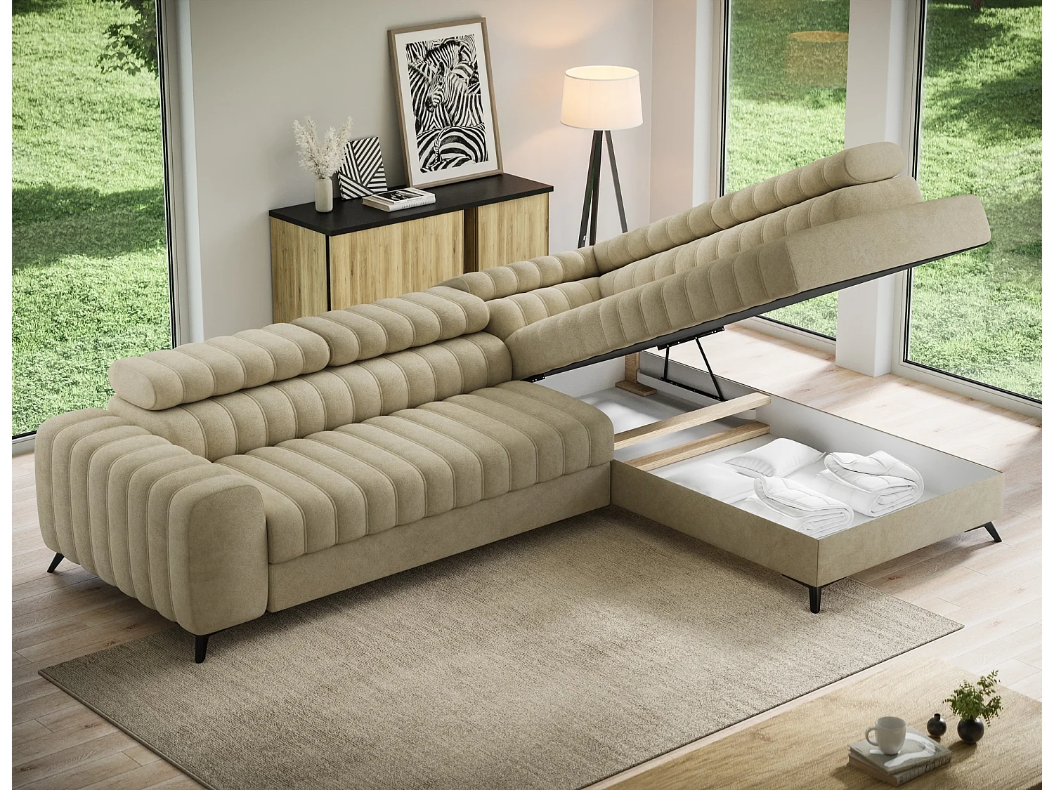 Canapé d’angle convertible KANDO en tissu texturé – 269cm-Beige-angle droit