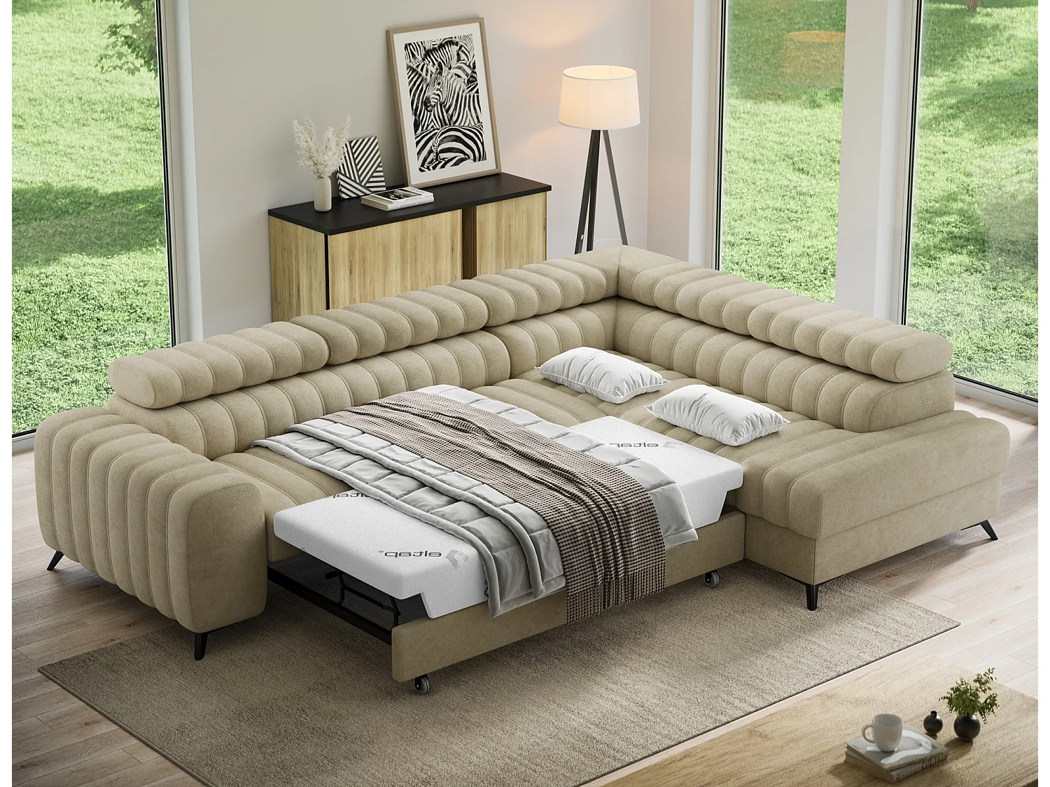 Canapé d’angle convertible KANDO en tissu texturé – 269cm-Beige-angle droit