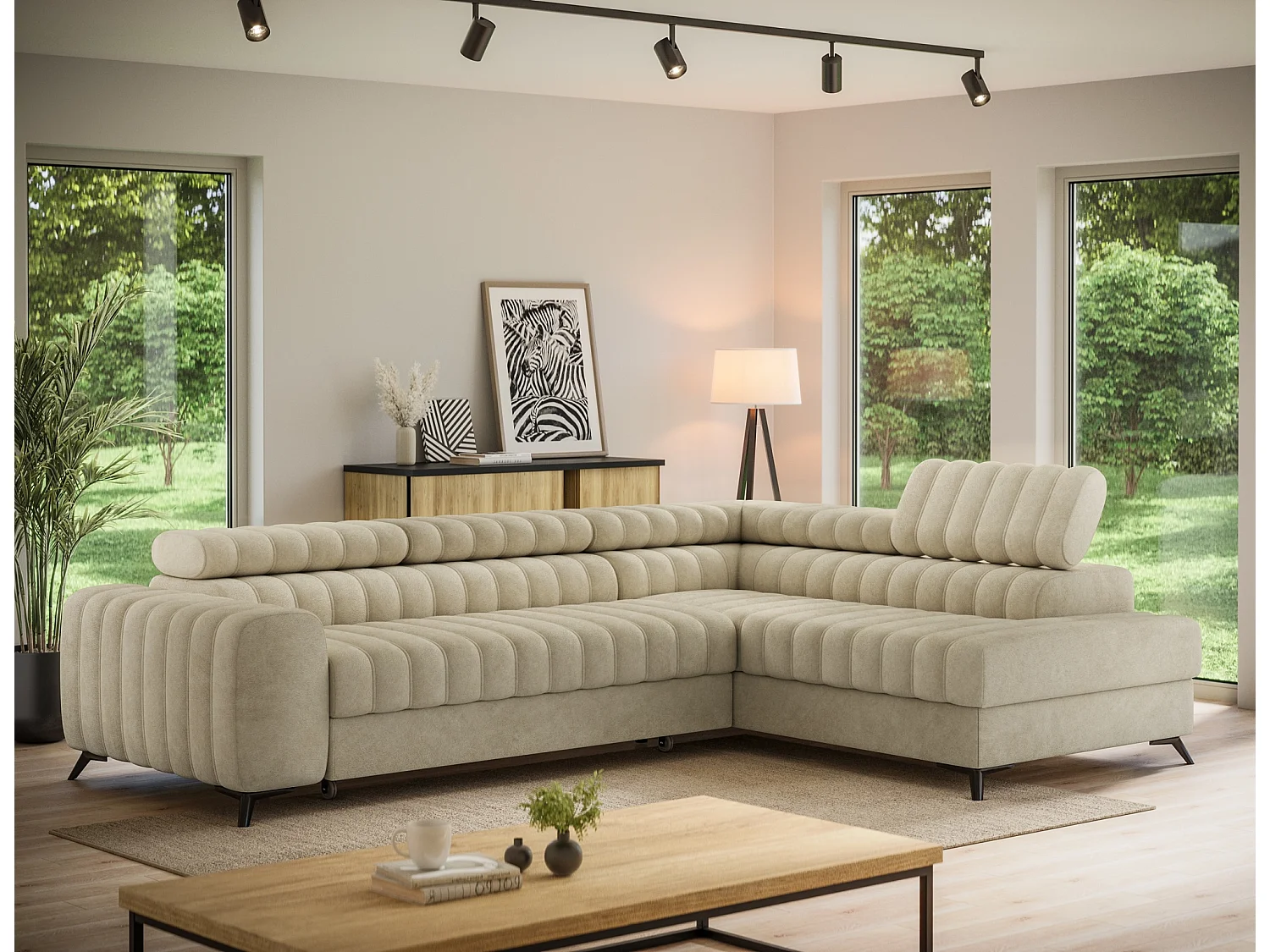 Canapé d’angle convertible KANDO en tissu texturé – 269cm-Beige-angle droit
