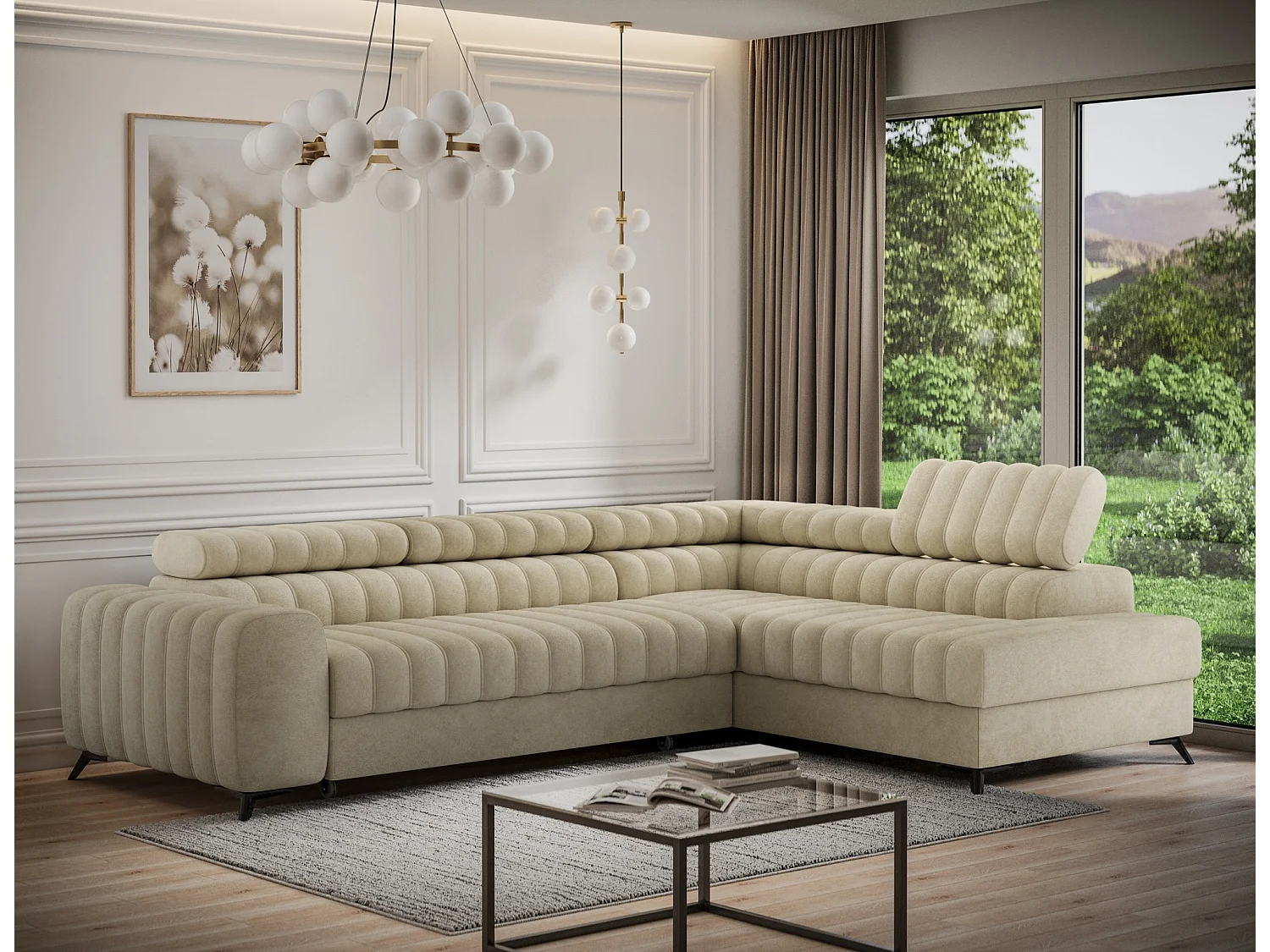Canapé d’angle convertible KANDO en tissu texturé – 269cm-Beige-angle droit