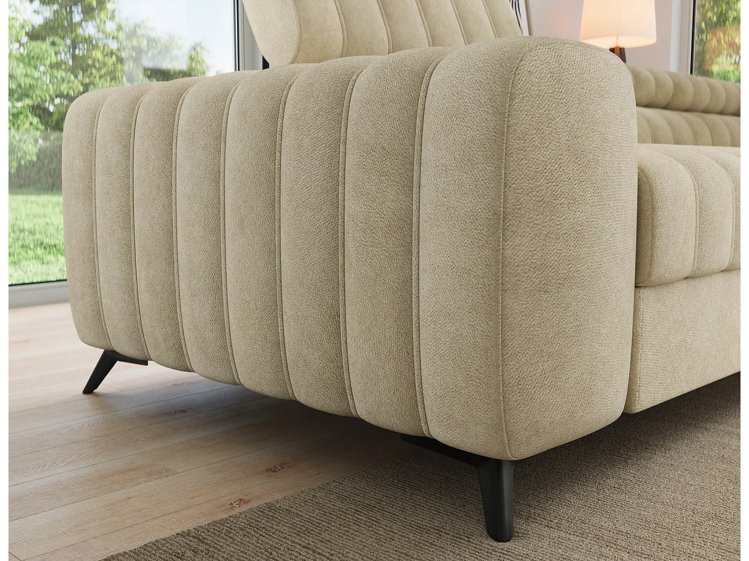 Canapé d’angle convertible KANDO en tissu texturé – 269cm-Beige-angle droit