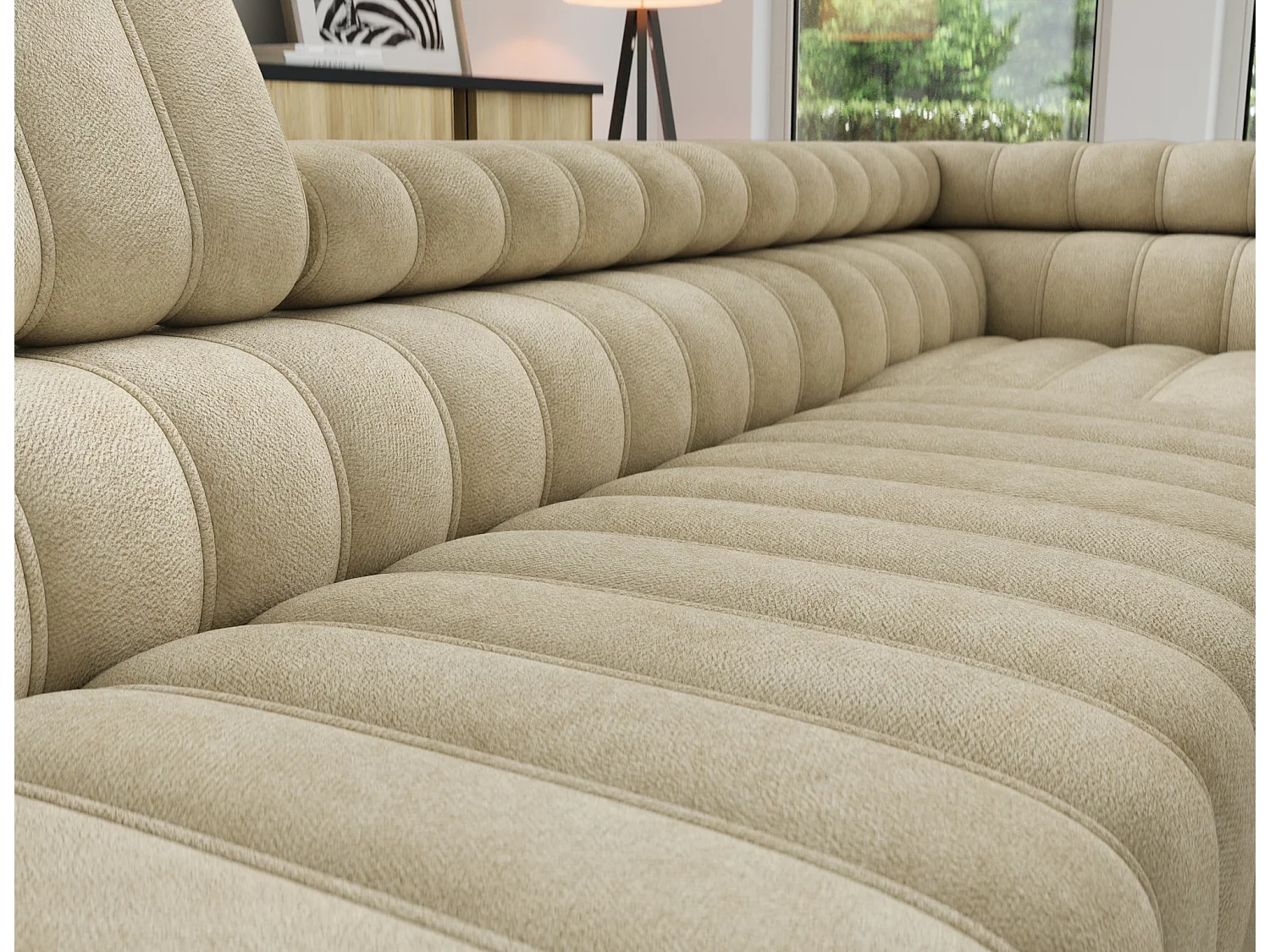 Canapé d’angle convertible KANDO en tissu texturé – 269cm-Beige-angle droit