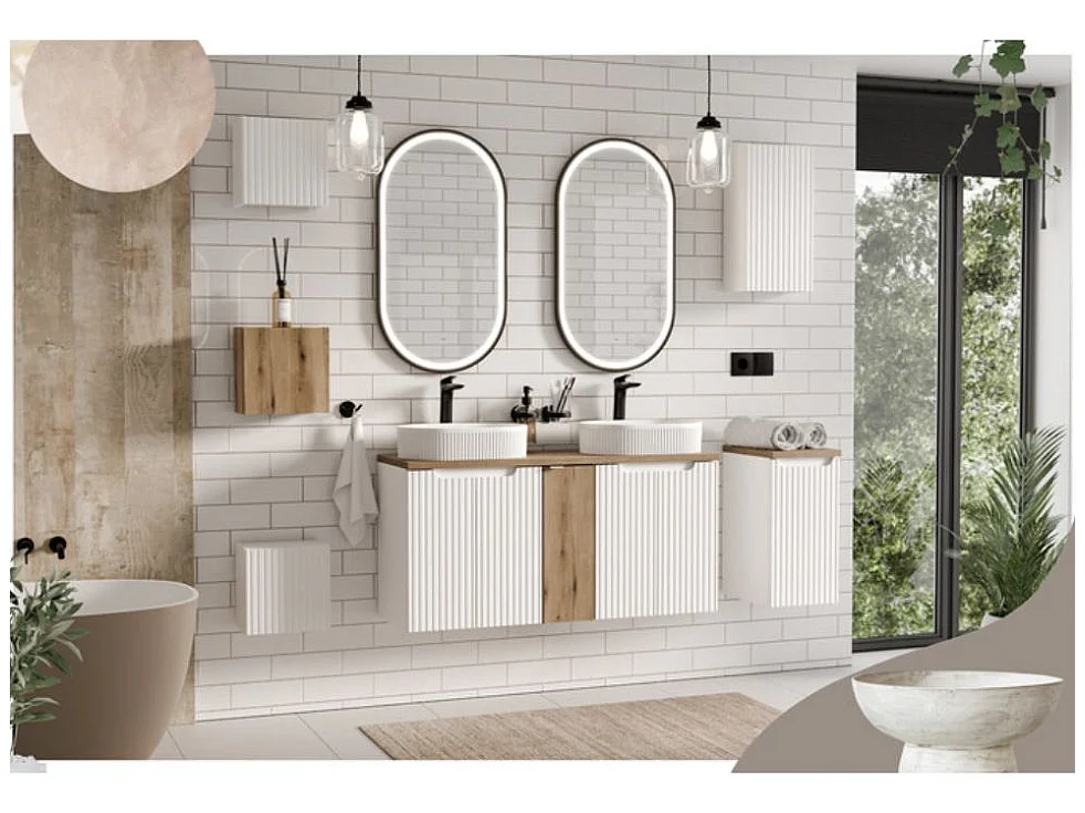 Meuble suspendu 2 portes avec vasque ovale blanche NOVA-Blanc/Naturel-Largeur 80 cm
