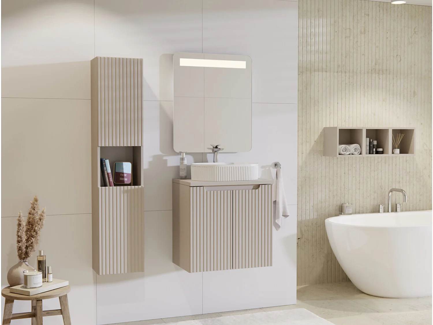 Meuble suspendu 2 portes avec vasque ovale blanche NOVA-Blanc/Naturel-Largeur 80 cm