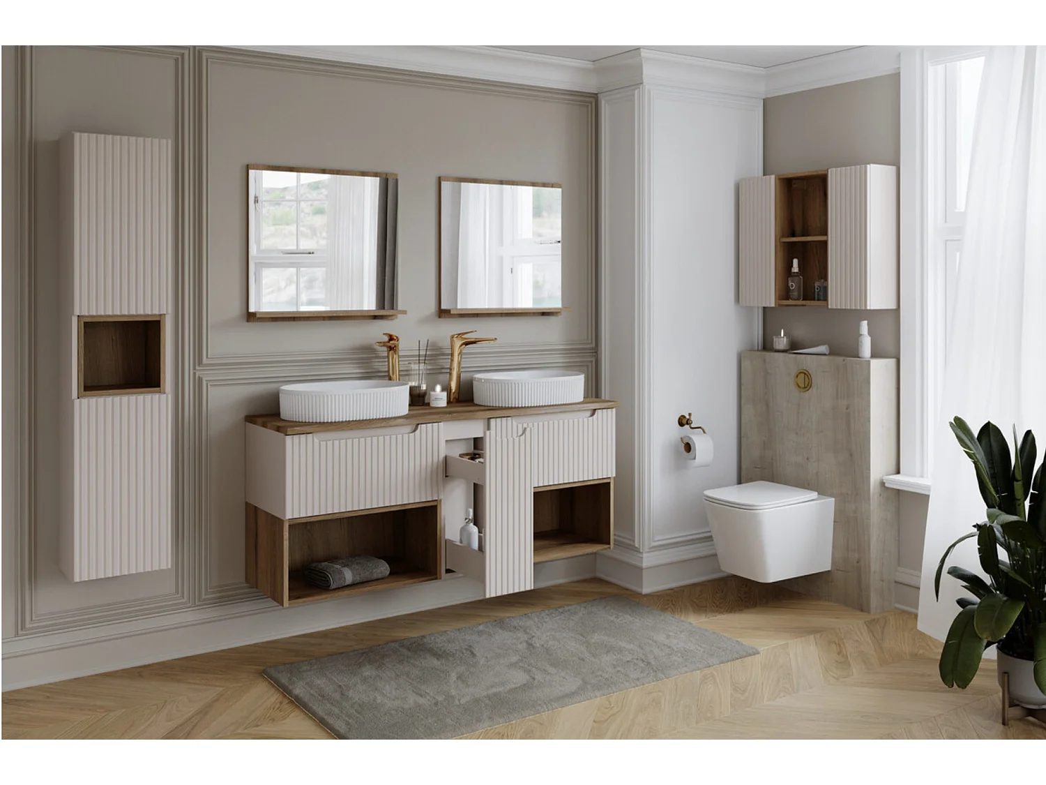 Ensemble meuble salle de bain suspendu NOVA Taupe avec plan Chêne naturel – Design contemporain et rangements intelligents-Largeur 100 cm