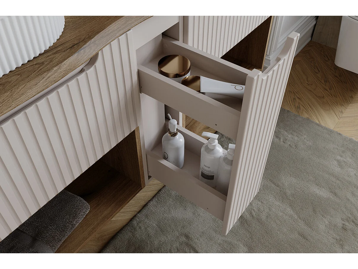 Ensemble meuble salle de bain suspendu NOVA Taupe avec plan Chêne naturel – Design contemporain et rangements intelligents-Largeur 100 cm