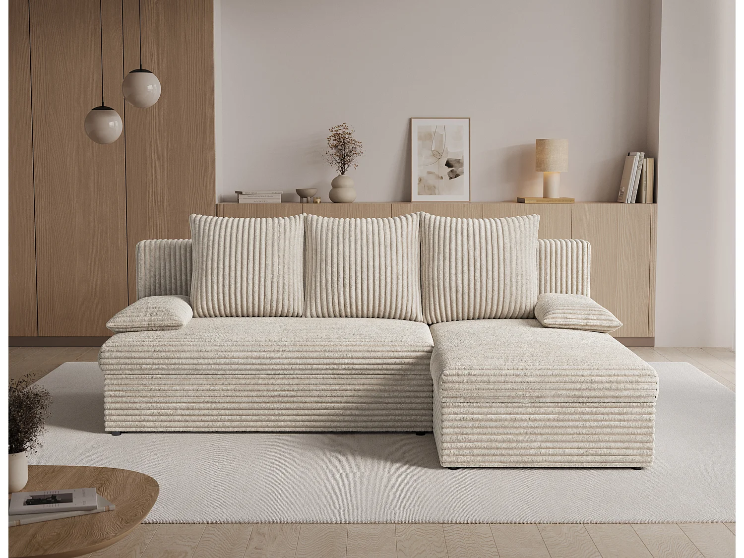 Canapé d’angle réversible convertible GARY en tissu côtelé – 206cm-Beige