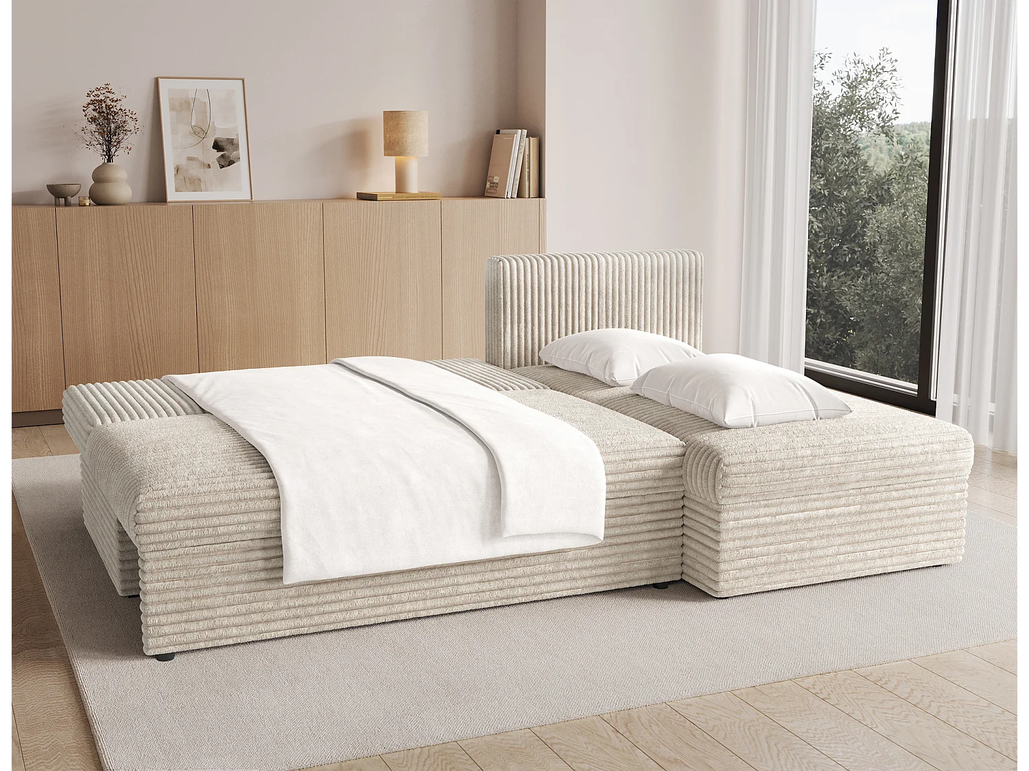 Canapé d’angle réversible convertible GARY en tissu côtelé – 206cm-Beige