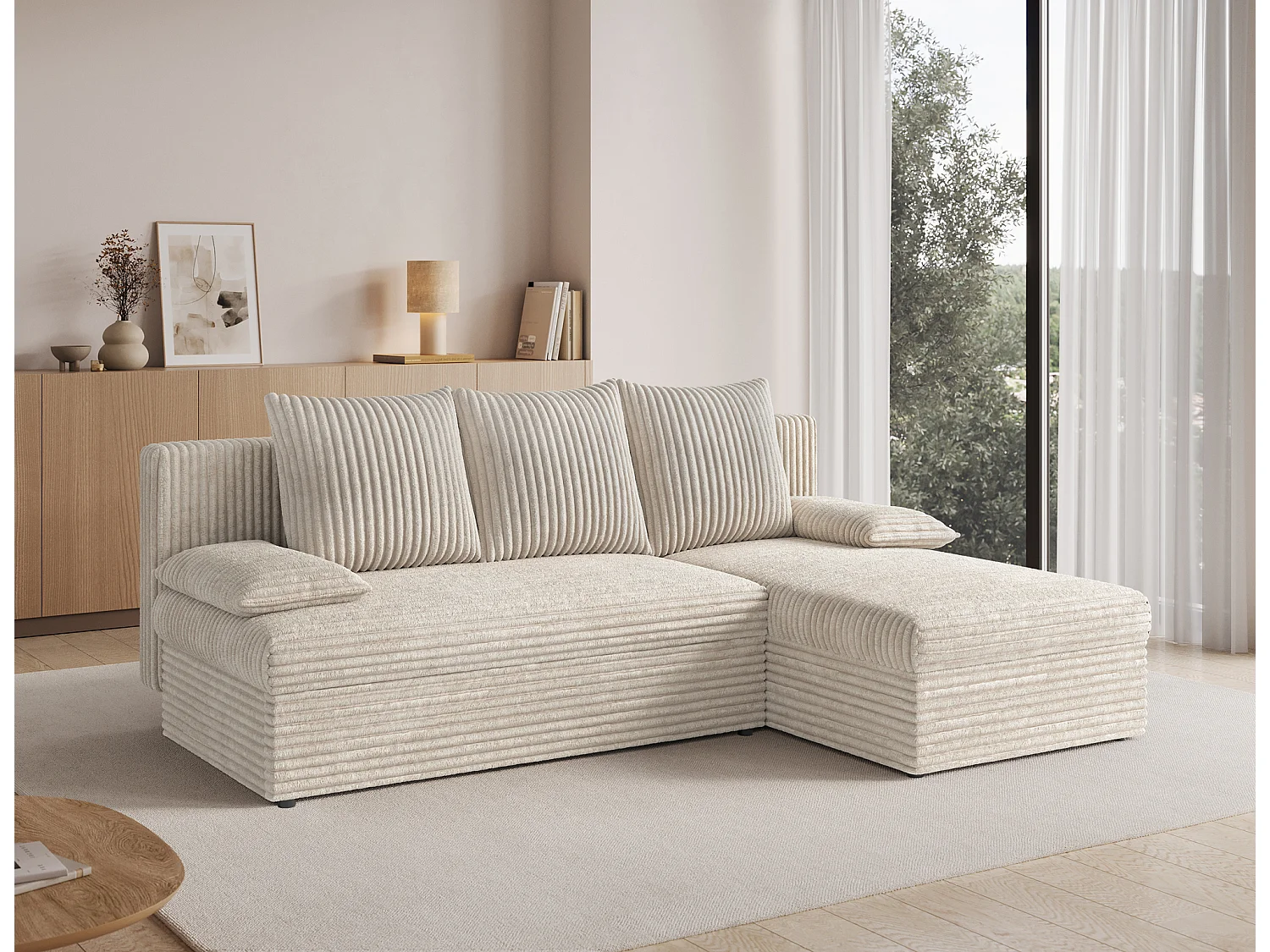 Canapé d’angle réversible convertible GARY en tissu côtelé – 206cm-Beige