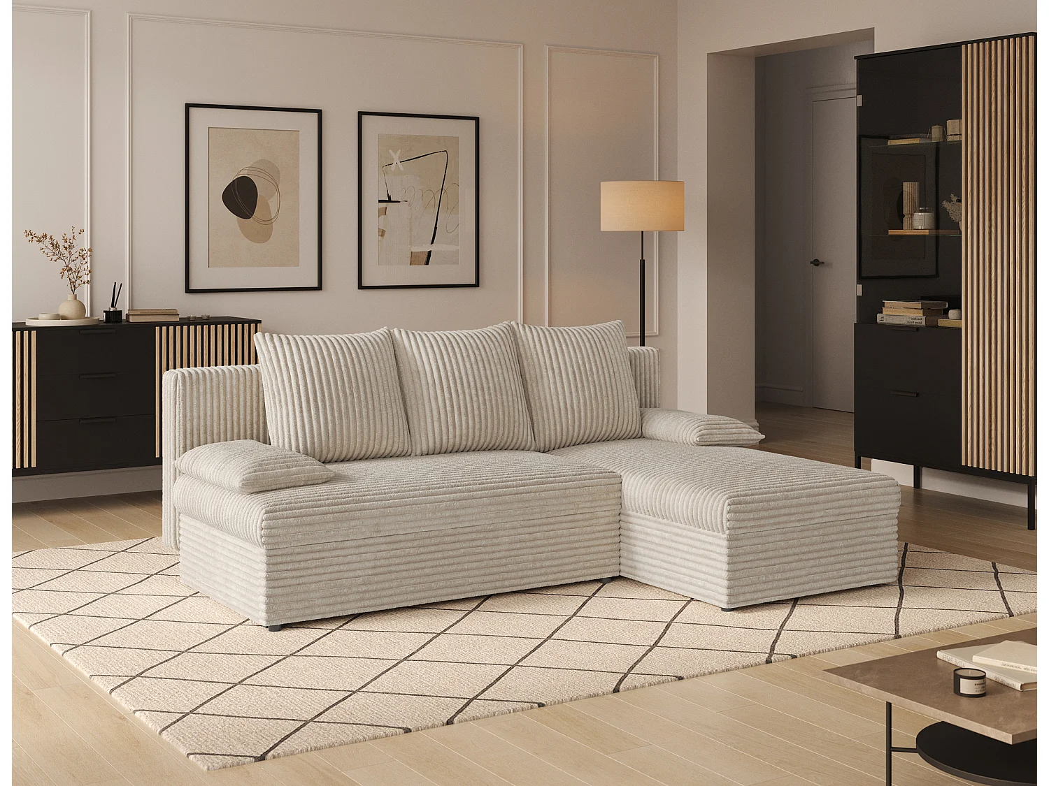 Canapé d’angle réversible convertible GARY en tissu côtelé – 206cm-Beige