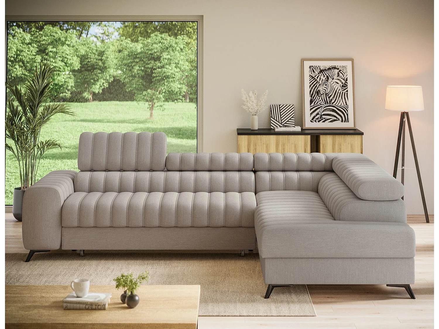 Canapé d’angle convertible KANDO en tissu texturé – 269cm-Taupe clair-angle droit