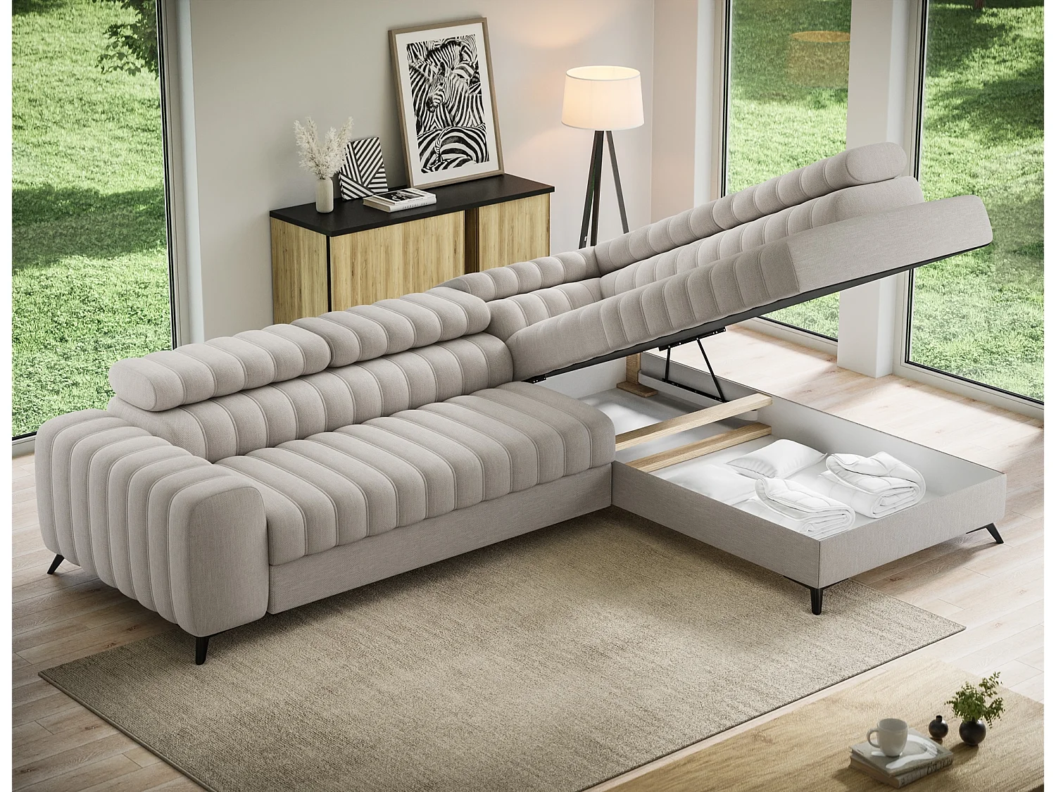 Canapé d’angle convertible KANDO en tissu texturé – 269cm-Taupe clair-angle droit