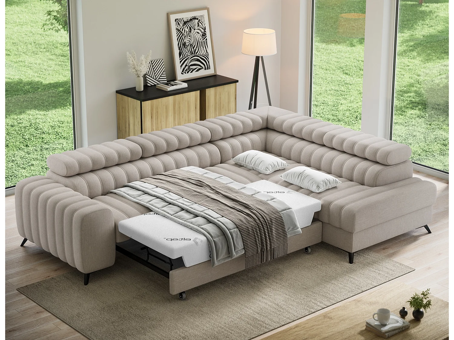 Canapé d’angle convertible KANDO en tissu texturé – 269cm-Taupe clair-angle droit