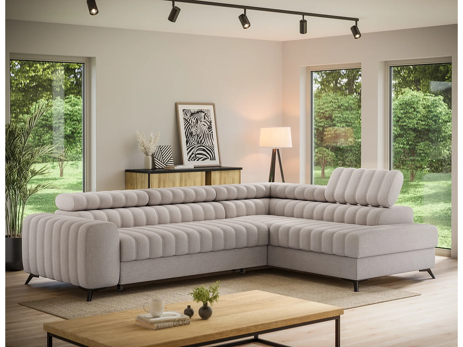 Canapé d’angle convertible KANDO en tissu texturé – 269cm-Taupe clair-angle droit