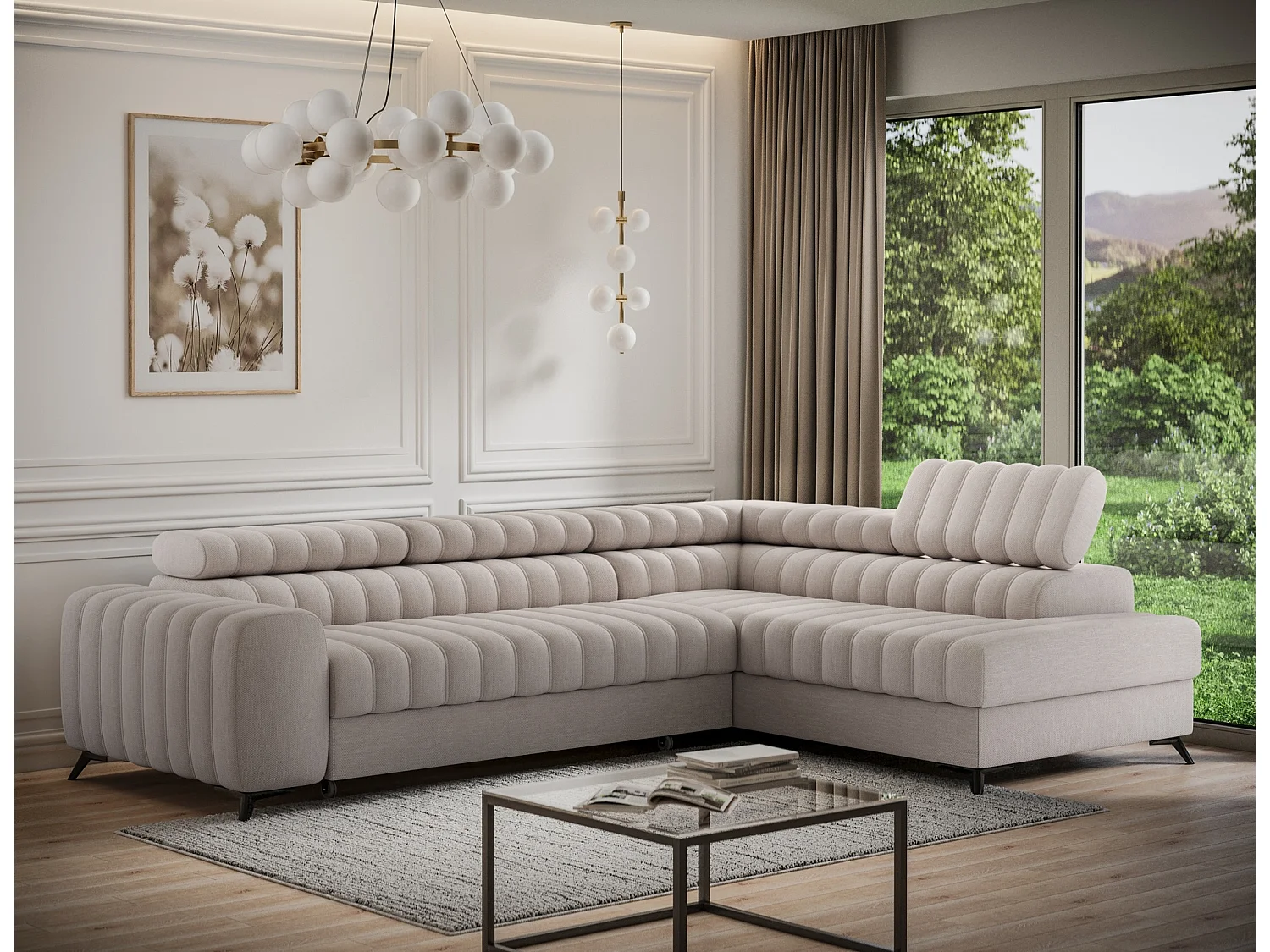 Canapé d’angle convertible KANDO en tissu texturé – 269cm-Taupe clair-angle droit