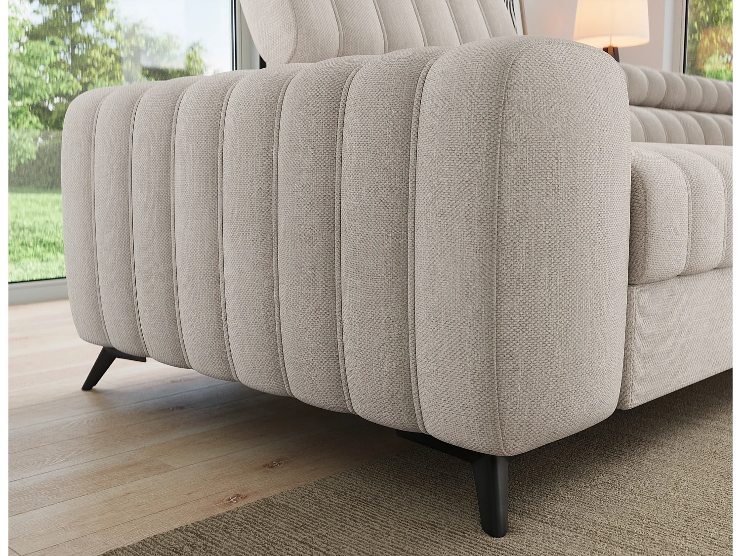 Canapé d’angle convertible KANDO en tissu texturé – 269cm-Taupe clair-angle droit