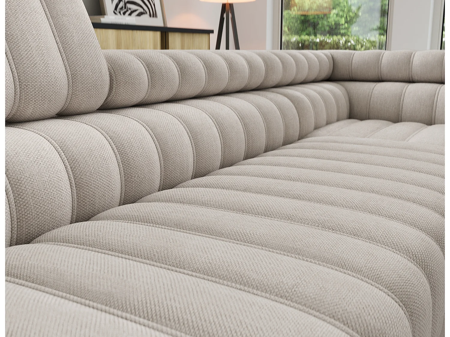 Canapé d’angle convertible KANDO en tissu texturé – 269cm-Taupe clair-angle droit