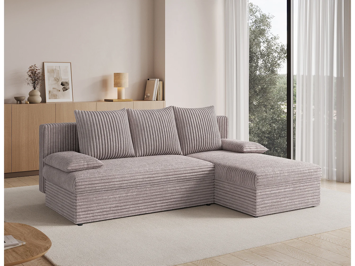 Canapé d’angle réversible convertible GARY en tissu côtelé – 206cm-Taupe