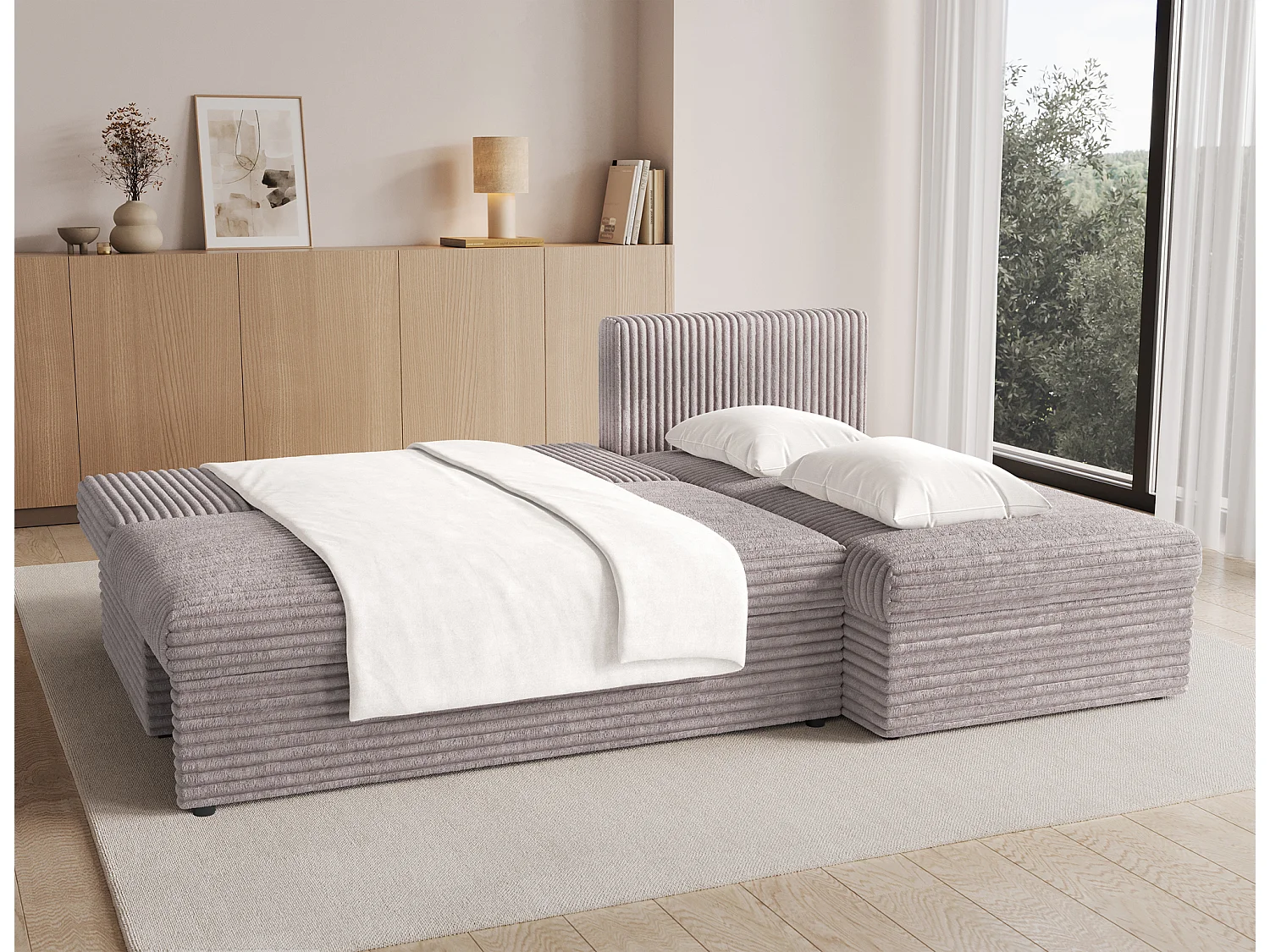 Canapé d’angle réversible convertible GARY en tissu côtelé – 206cm-Taupe