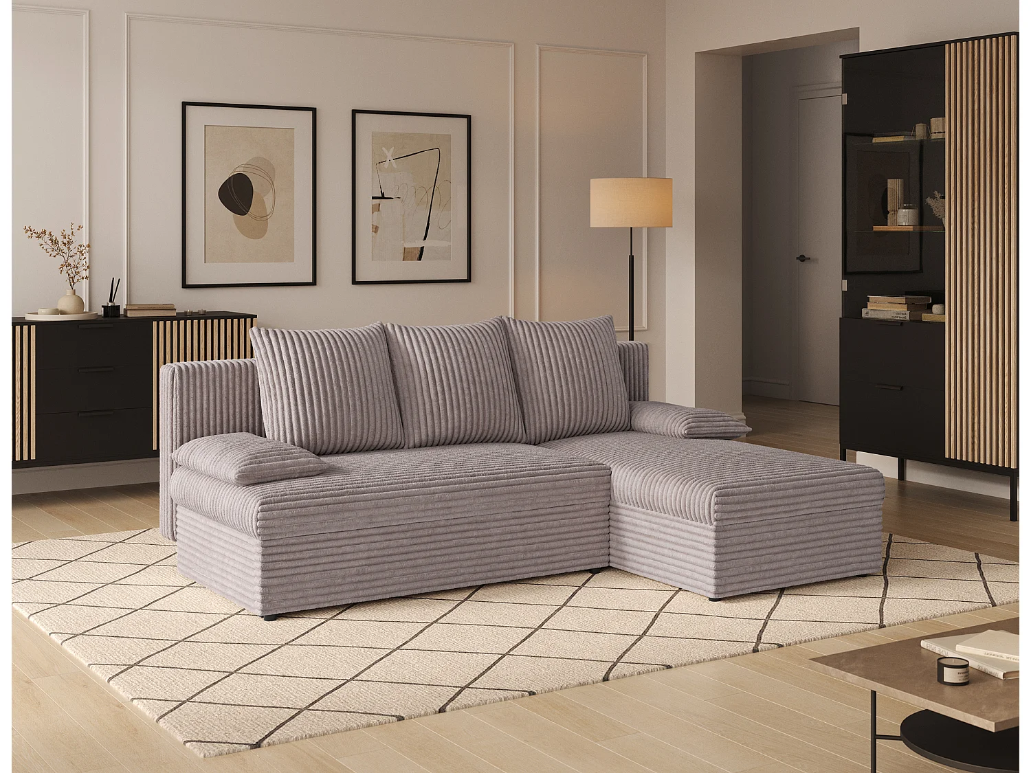 Canapé d’angle réversible convertible GARY en tissu côtelé – 206cm-Taupe