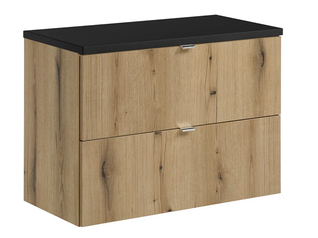 Meuble sous-vasque suspendu NOVA OAK 2 tiroirs avec plan de travail – Naturel et rangement pratique-Naturel/Noir-Largeur 80 cm
