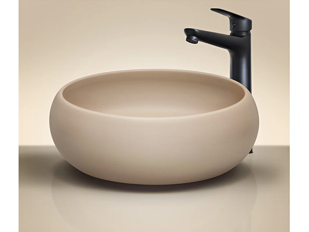 Meuble salle de bain suspendu 2 tiroirs NOVA taupe – Vasque ronde cappuccino avec plan-Largeur 60 cm