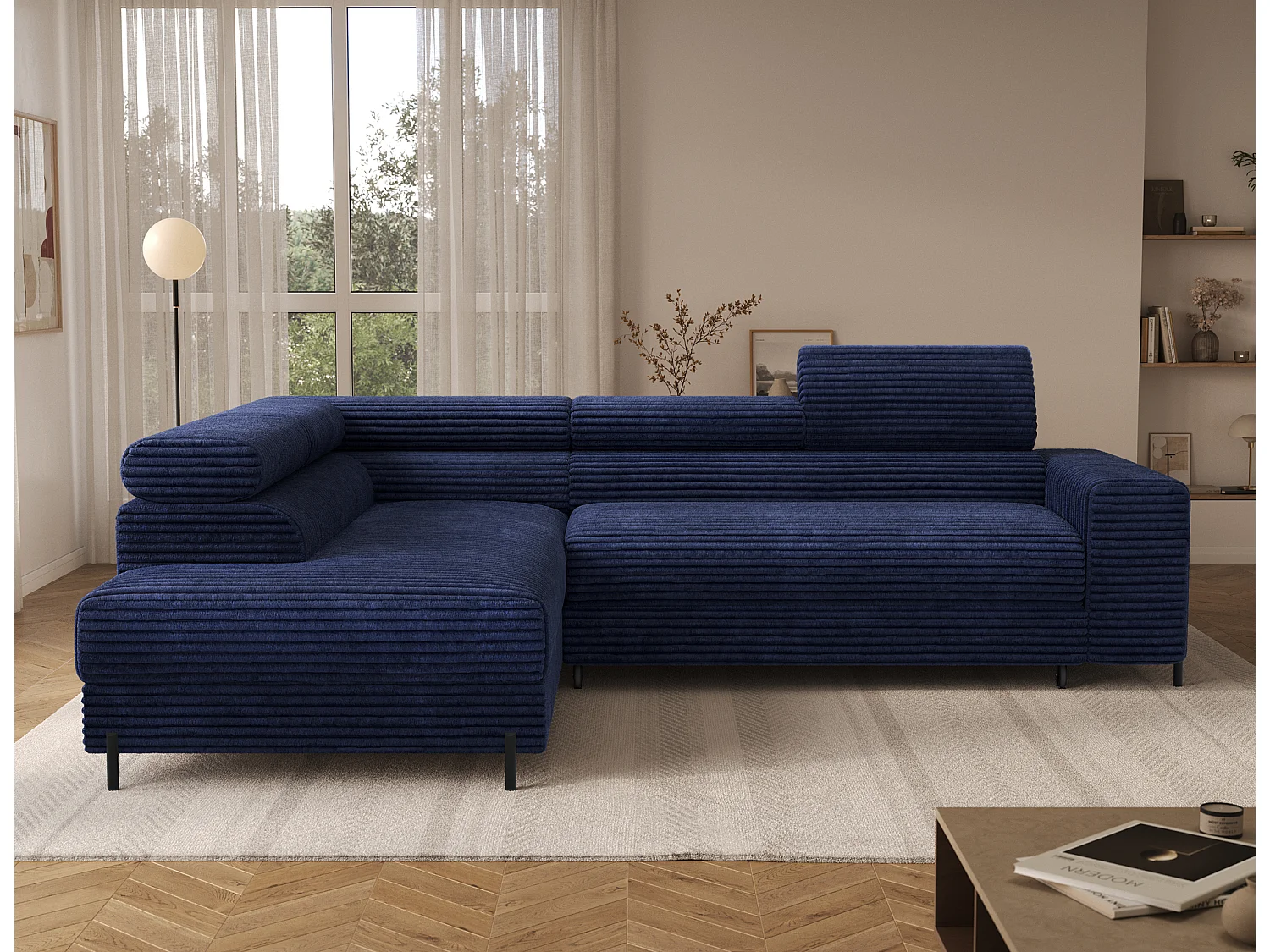 Canapé d’angle convertible KOLEZO en tissu côtelé avec coffre et têtières réglables – 274cm-Bleu-angle gauche