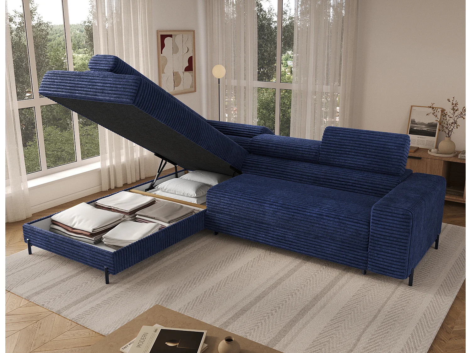 Canapé d’angle convertible KOLEZO en tissu côtelé avec coffre et têtières réglables – 274cm-Bleu-angle gauche
