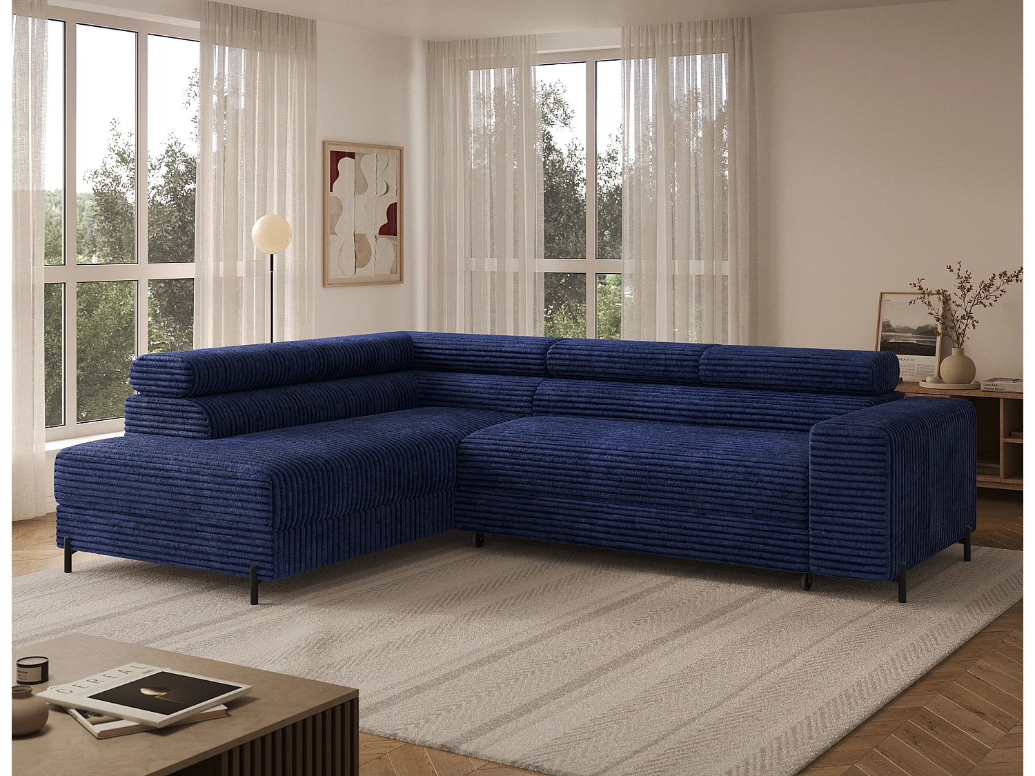 Canapé d’angle convertible KOLEZO en tissu côtelé avec coffre et têtières réglables – 274cm-Bleu-angle gauche