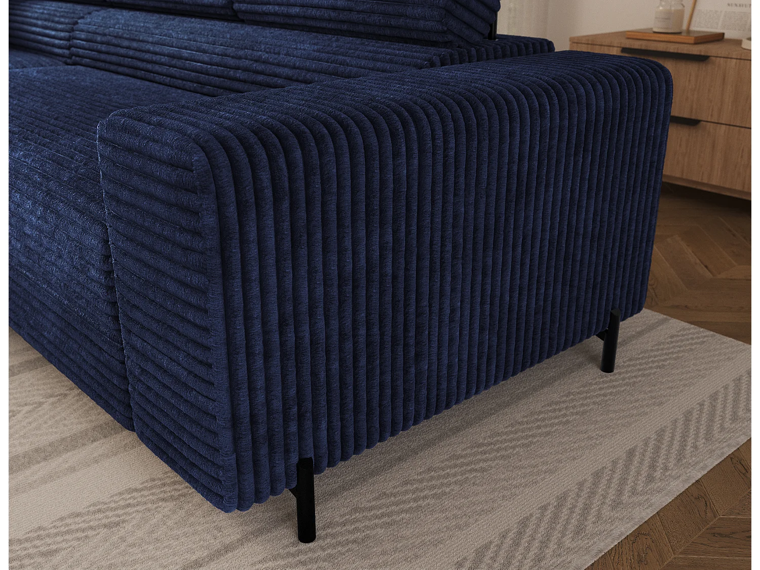 Canapé d’angle convertible KOLEZO en tissu côtelé avec coffre et têtières réglables – 274cm-Bleu-angle gauche