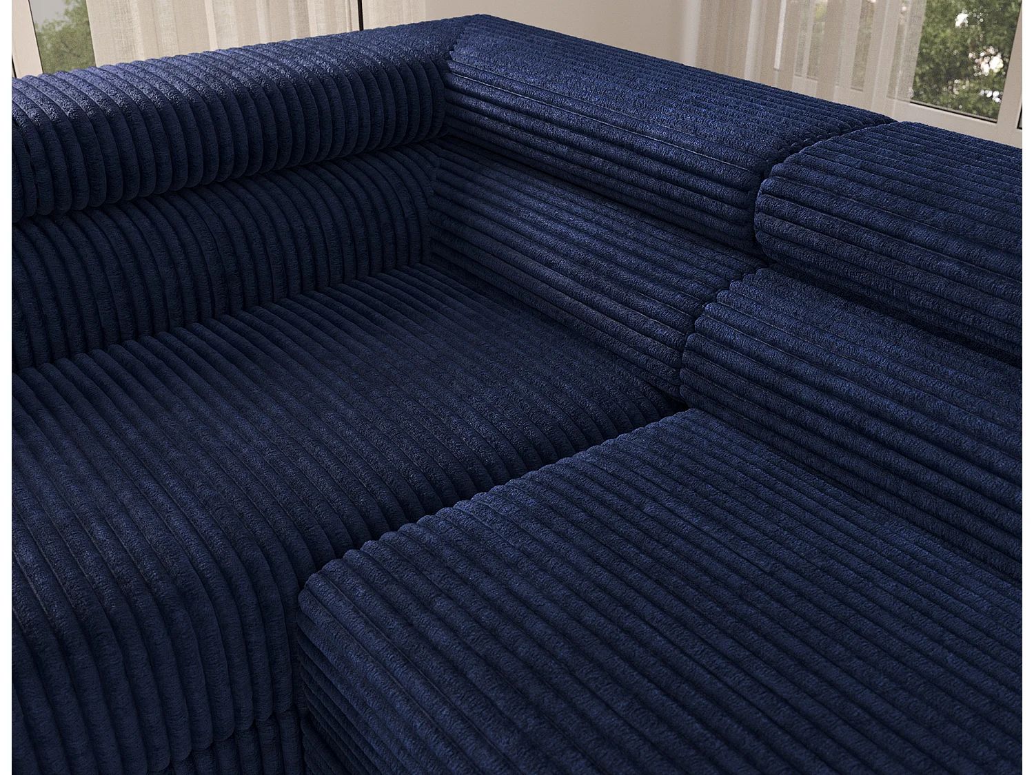 Canapé d’angle convertible KOLEZO en tissu côtelé avec coffre et têtières réglables – 274cm-Bleu-angle gauche