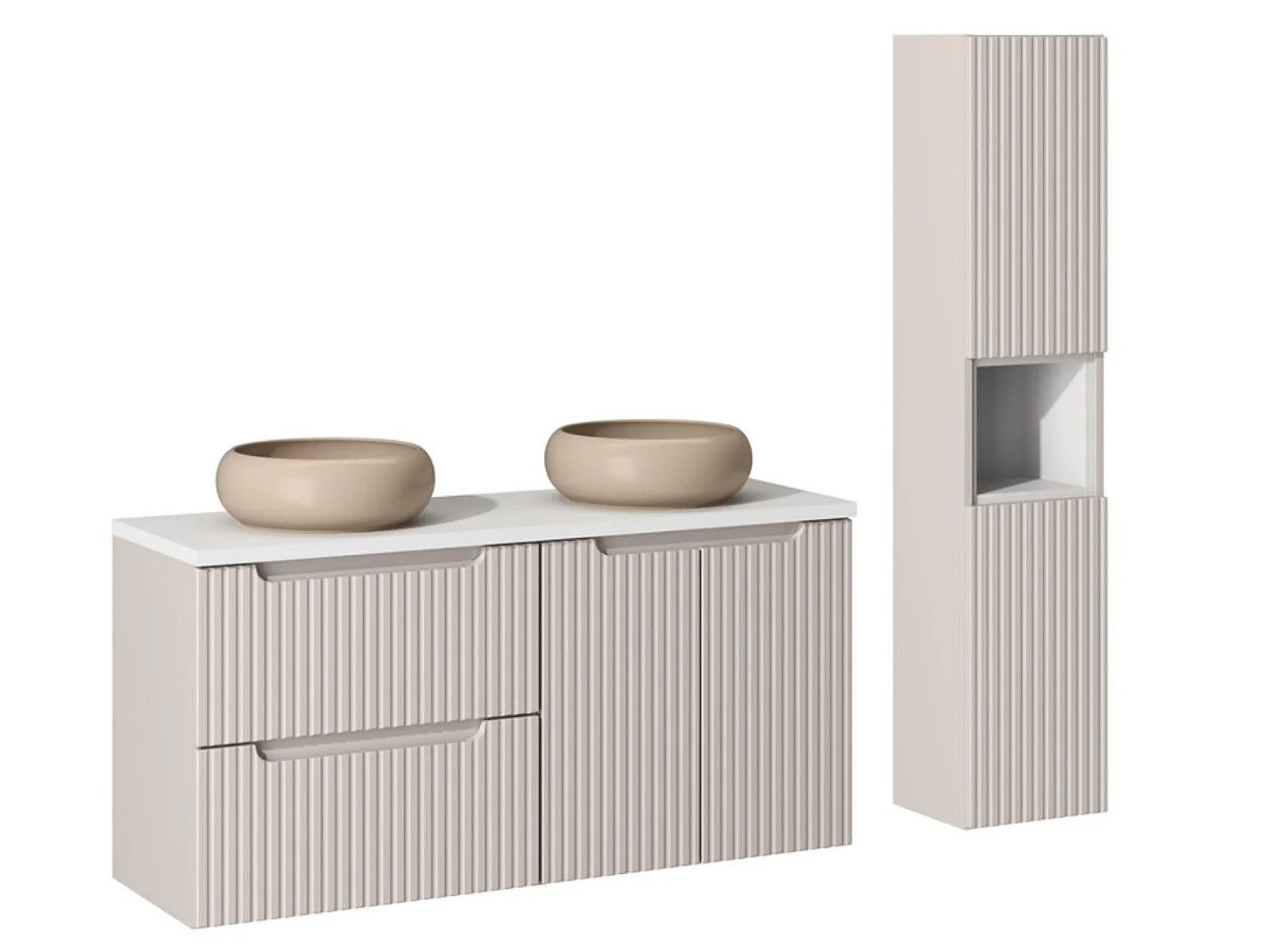 Meuble salle de bain suspendu 2 tiroirs NOVA taupe – Vasque ronde cappuccino avec plan-Largeur 80 cm