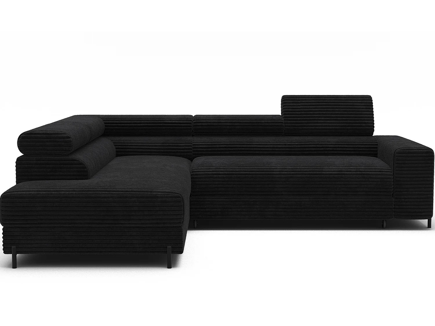 Canapé d’angle convertible KOLEZO en tissu côtelé avec coffre et têtières réglables – 274cm-Noir-angle gauche