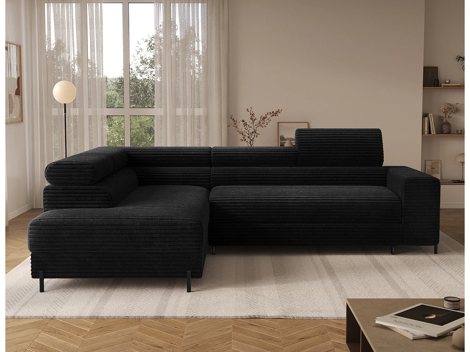 Canapé d’angle convertible KOLEZO en tissu côtelé avec coffre et têtières réglables – 274cm-Noir-angle gauche