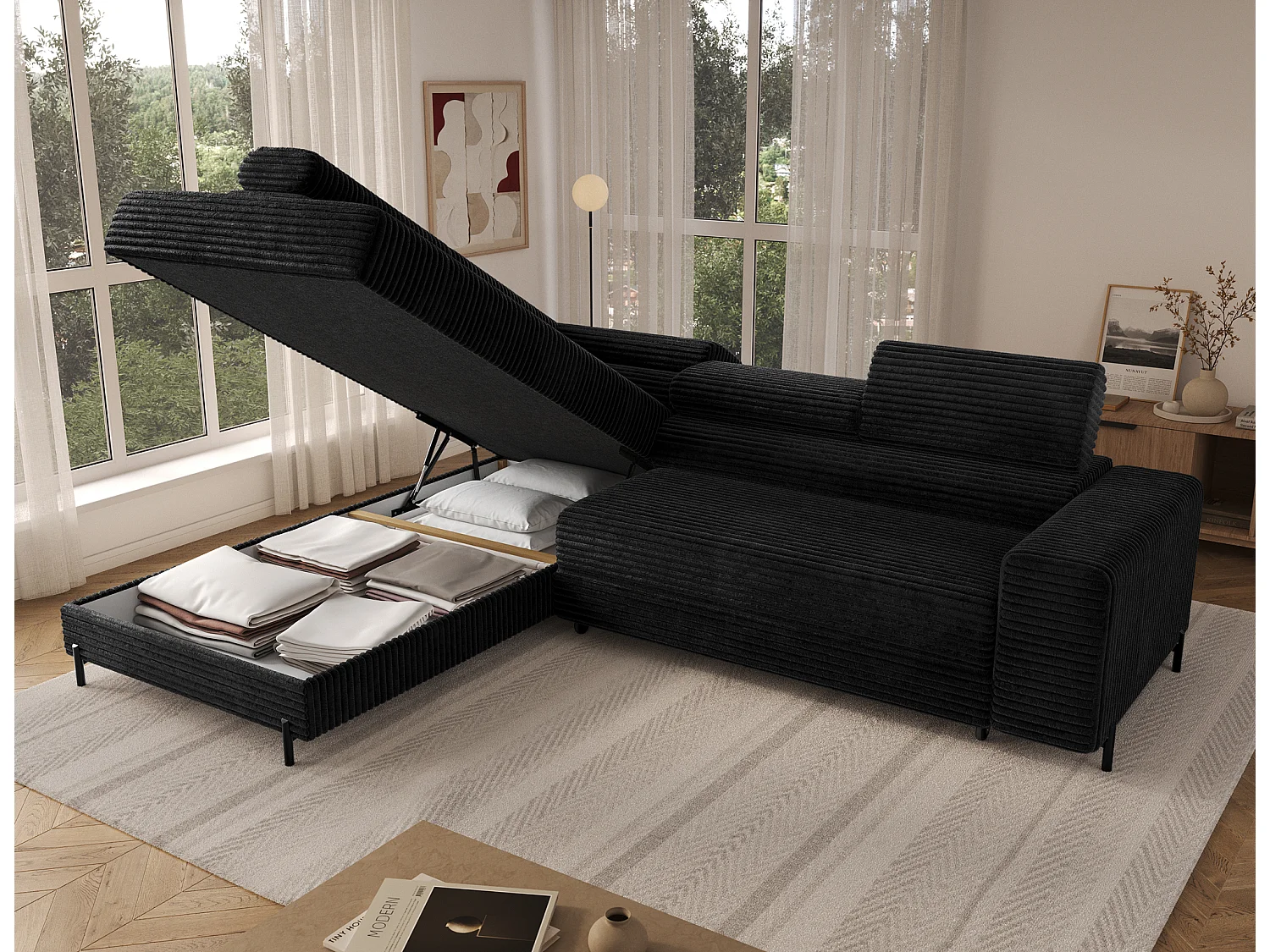 Canapé d’angle convertible KOLEZO en tissu côtelé avec coffre et têtières réglables – 274cm-Noir-angle gauche