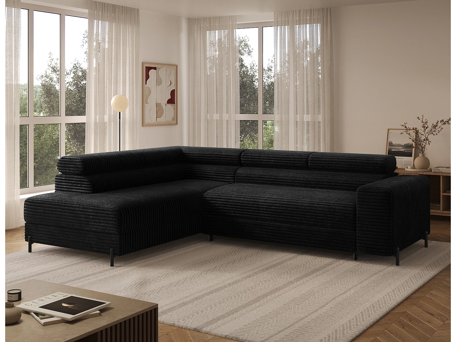 Canapé d’angle convertible KOLEZO en tissu côtelé avec coffre et têtières réglables – 274cm-Noir-angle gauche