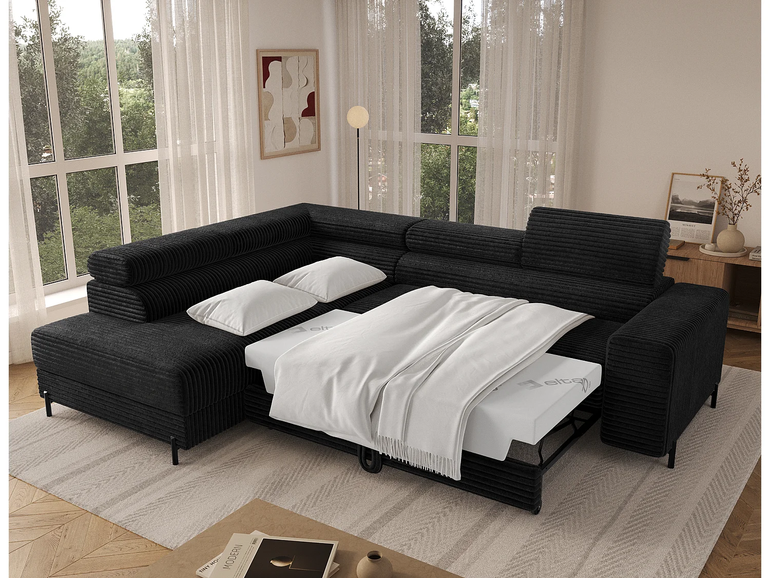 Canapé d’angle convertible KOLEZO en tissu côtelé avec coffre et têtières réglables – 274cm-Noir-angle gauche